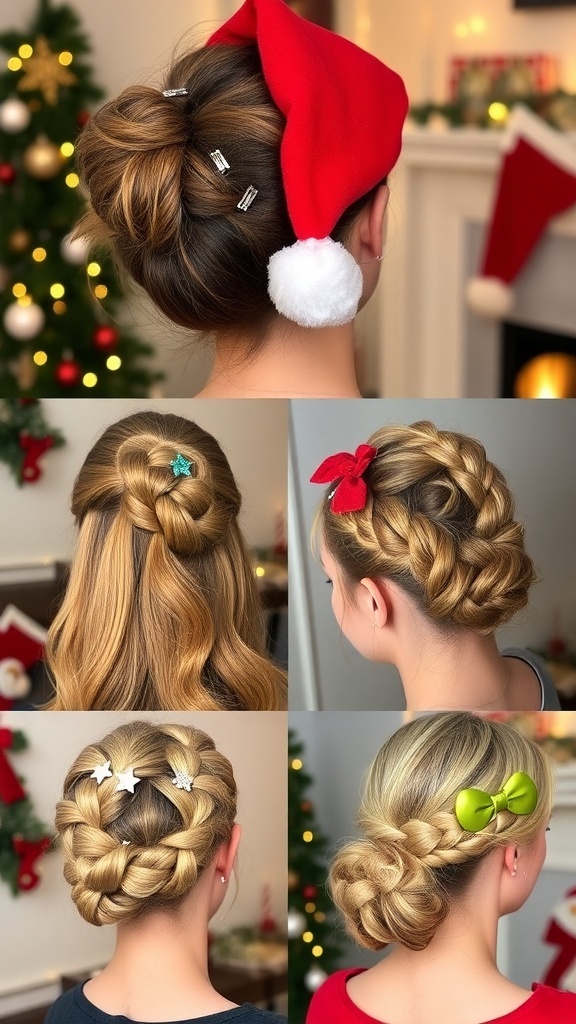 Festive hairstyles for Christmas including a messy bun, loose waves with a Santa hat, braided crown, and half-up style with glitter.